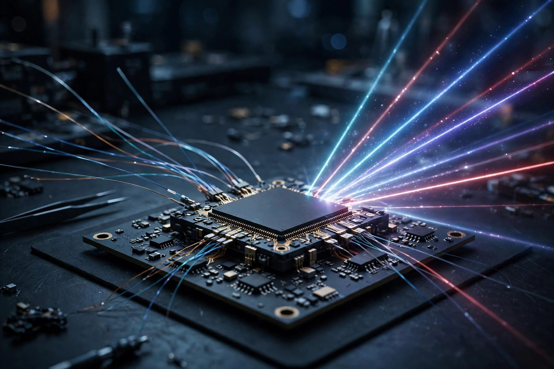 Semiconductor chip with thin optical fibers and beams of laser light on a workbench