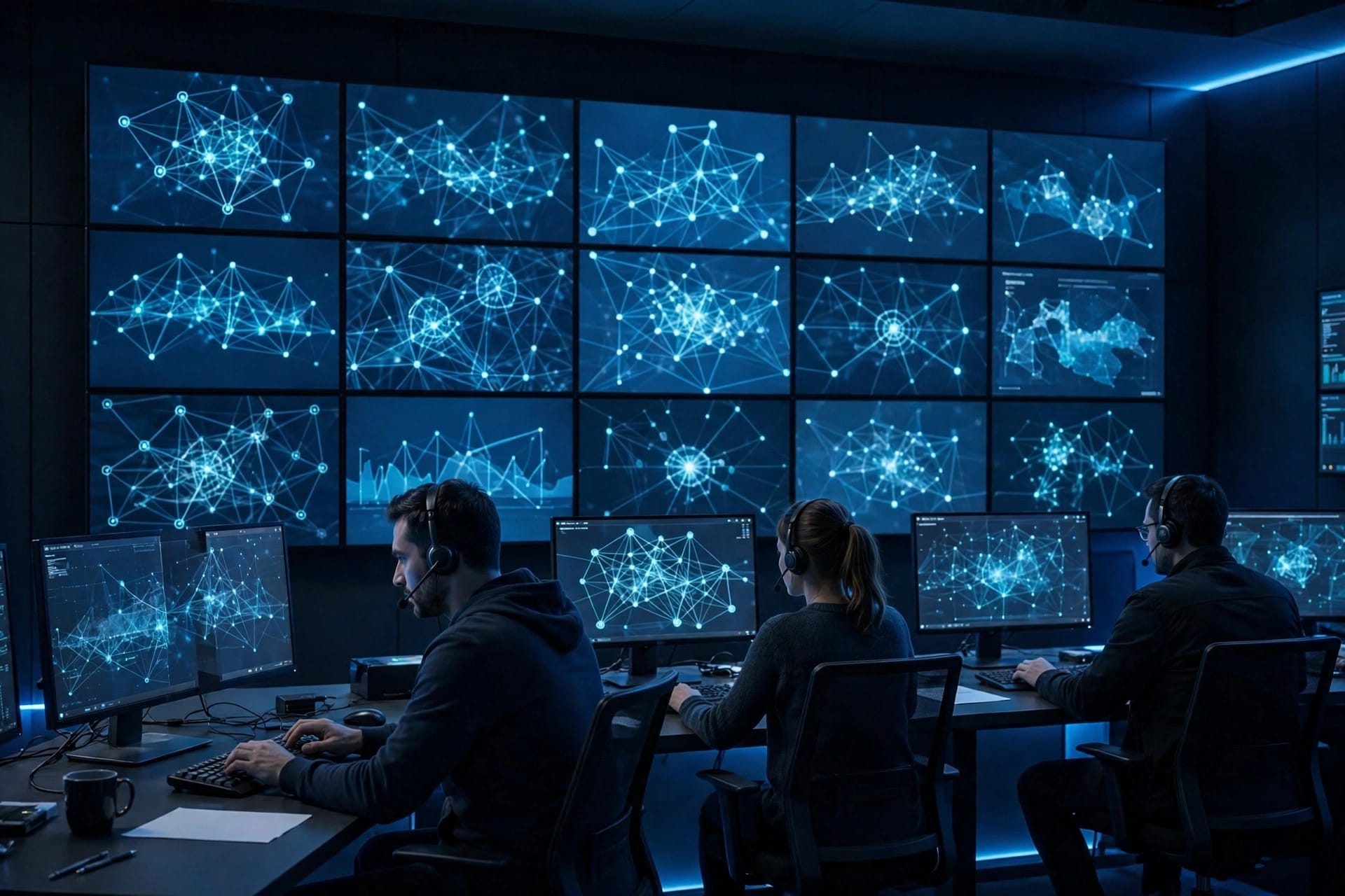 Analysts in a security operations center watching threat-detection dashboards, illustrating Mave AI agent platform