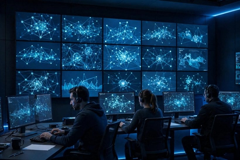Analysts in a security operations center watching threat-detection dashboards, illustrating Mave AI agent platform