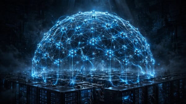 A glowing blue AI shield protecting server infrastructure, illustrating Mave 34 million dollar round for AI security agents