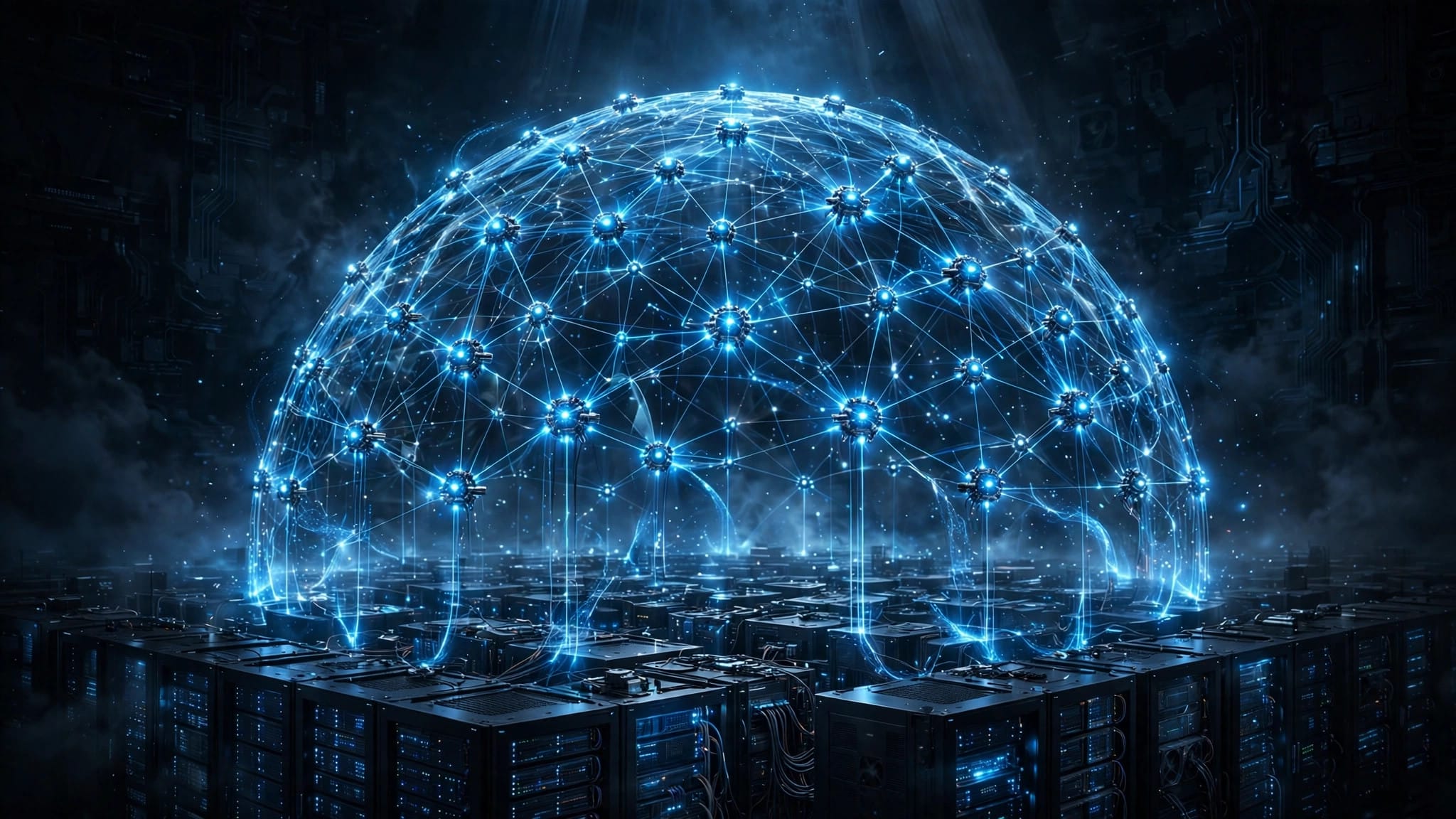 A glowing blue AI shield protecting server infrastructure, illustrating Mave 34 million dollar round for AI security agents