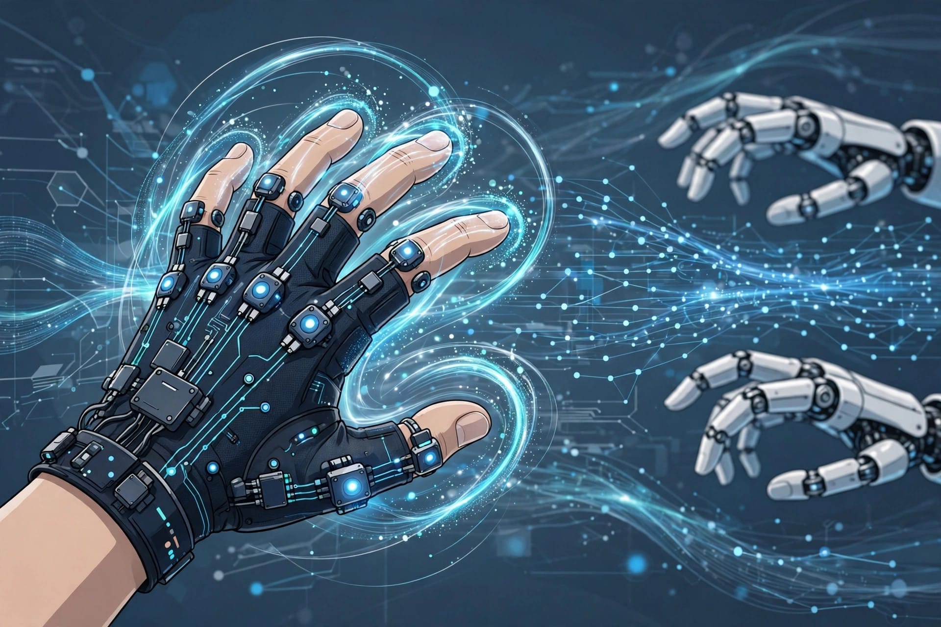 A sensor glove capturing grip force data with motion trails, robot training streams behind