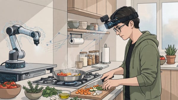 A contractor wearing a head-mounted camera recording first-person kitchen footage for robot training data