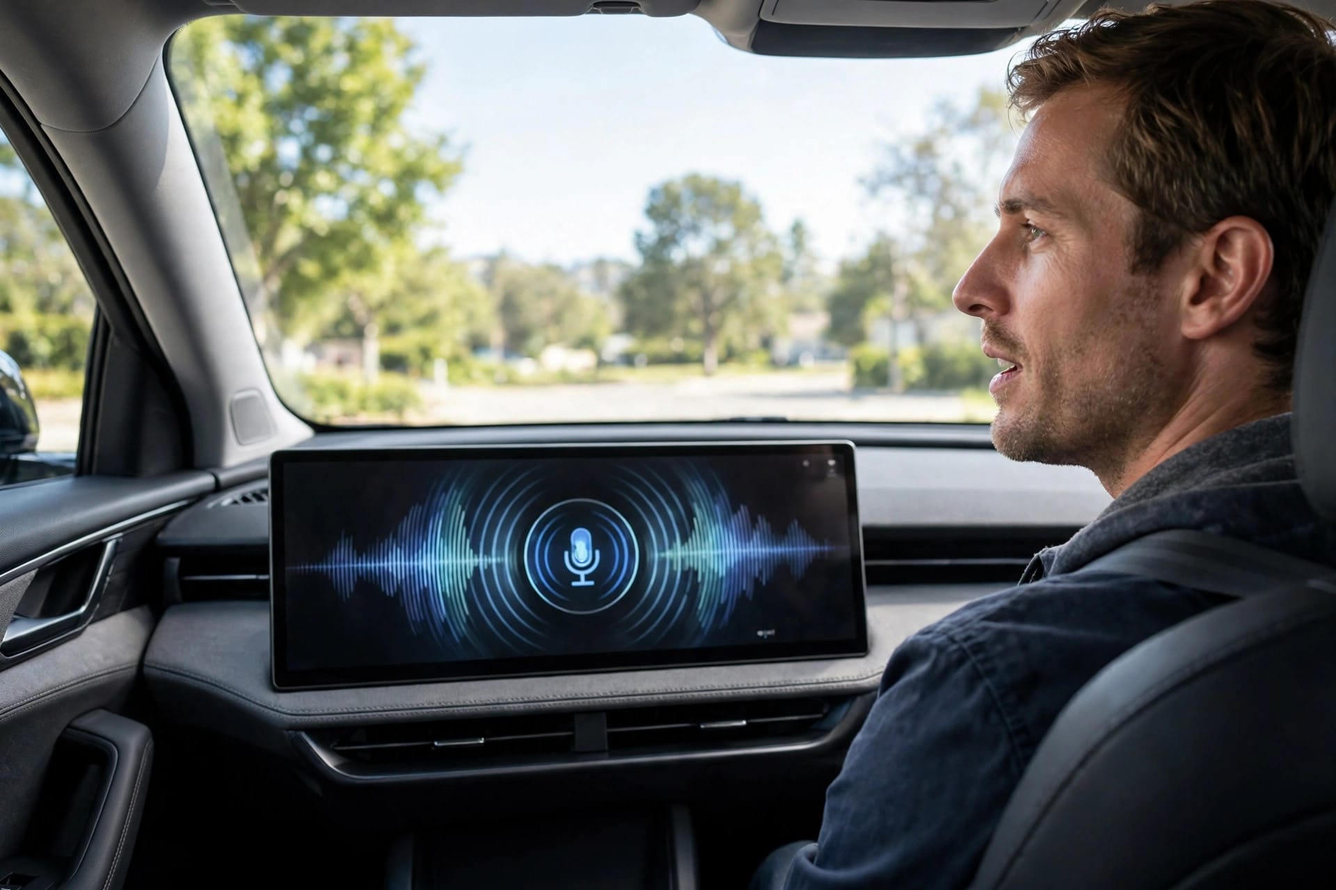 A driver speaking to a voice assistant shown on a car dashboard touchscreen, illustrating conversational Gemini control in the CX-5