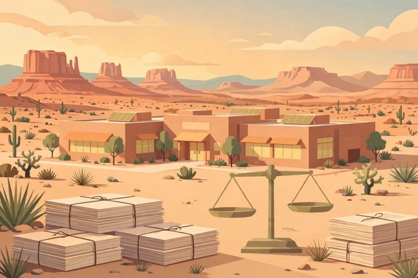 School building and legal documents in New Mexico, where Meta judgment penalties fund state schools