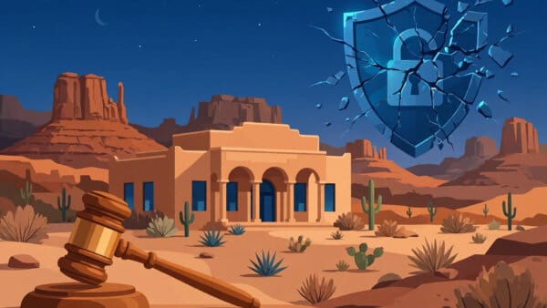 Courthouse in the New Mexico desert at dusk with a gavel, for the $25 billion Meta privacy judgment