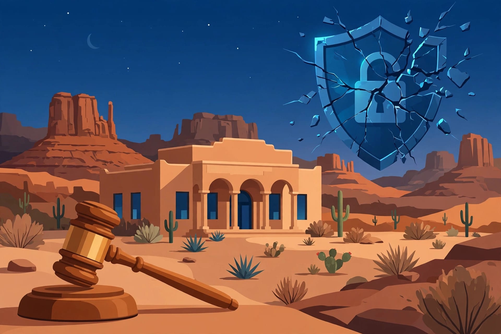 Courthouse in the New Mexico desert at dusk with a gavel, for the $25 billion Meta privacy judgment