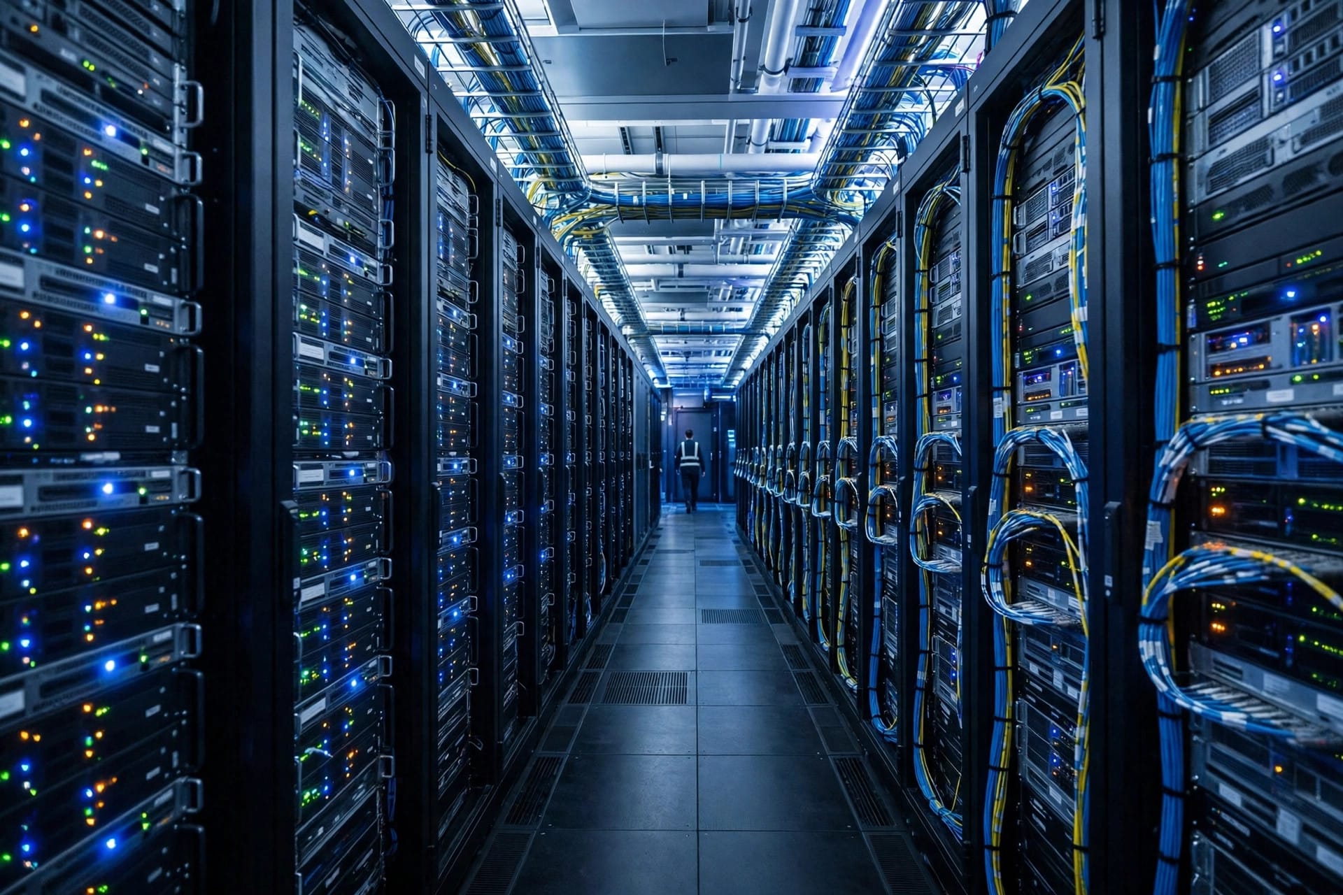 Inside a Meta AI data center, server racks with blinking lights along a long aisle built for the AI expansion