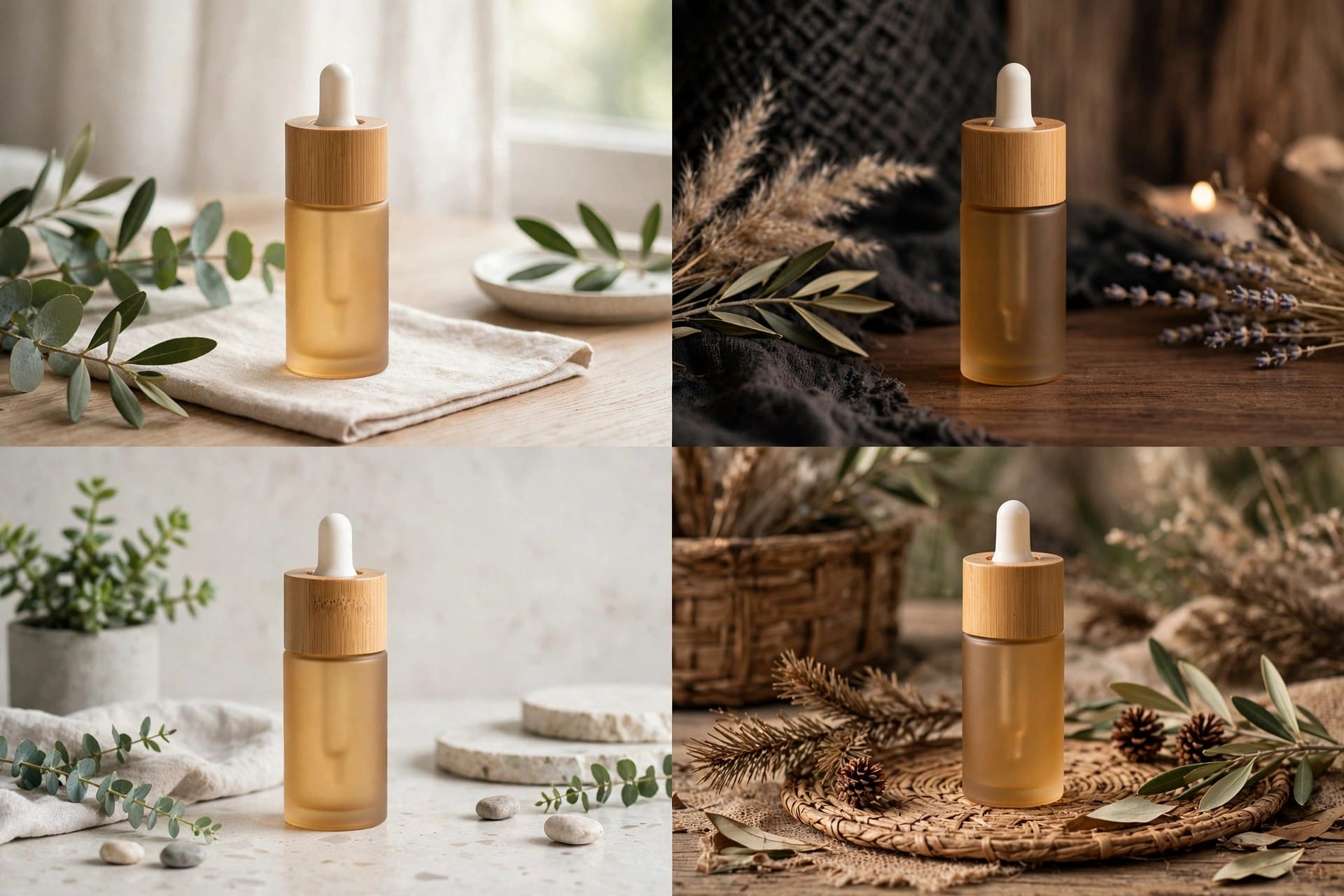 One serum product shown in four different generated background scenes