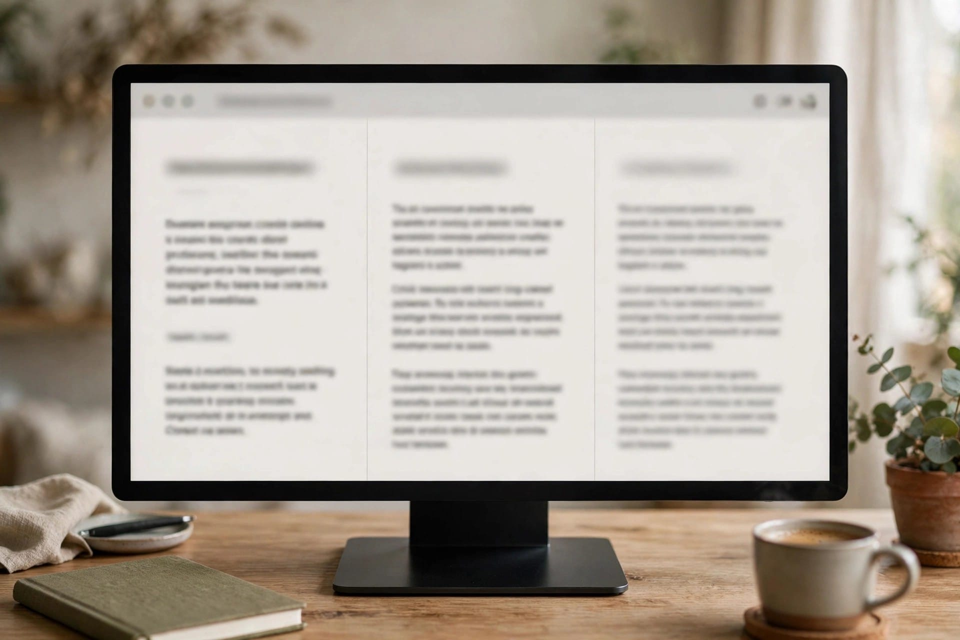 Monitor showing three alternative headline text versions for one advertisement