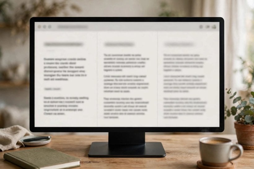 Monitor showing three alternative headline text versions for one advertisement