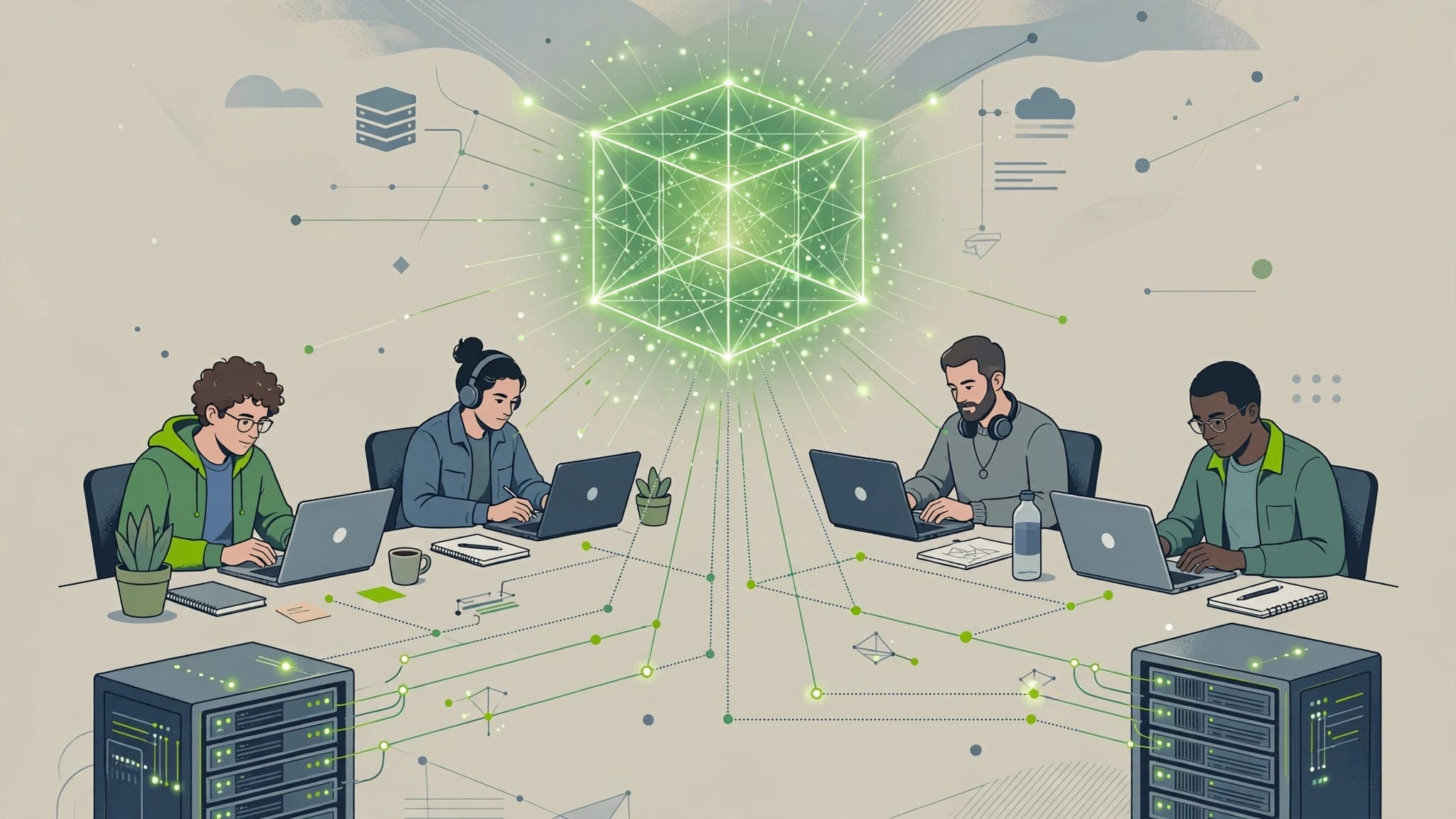 Illustration of developers downloading open-weight Llama models from Meta AI