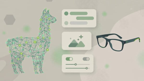 Illustration of Meta AI's Llama models powering the Meta AI assistant and smart glasses