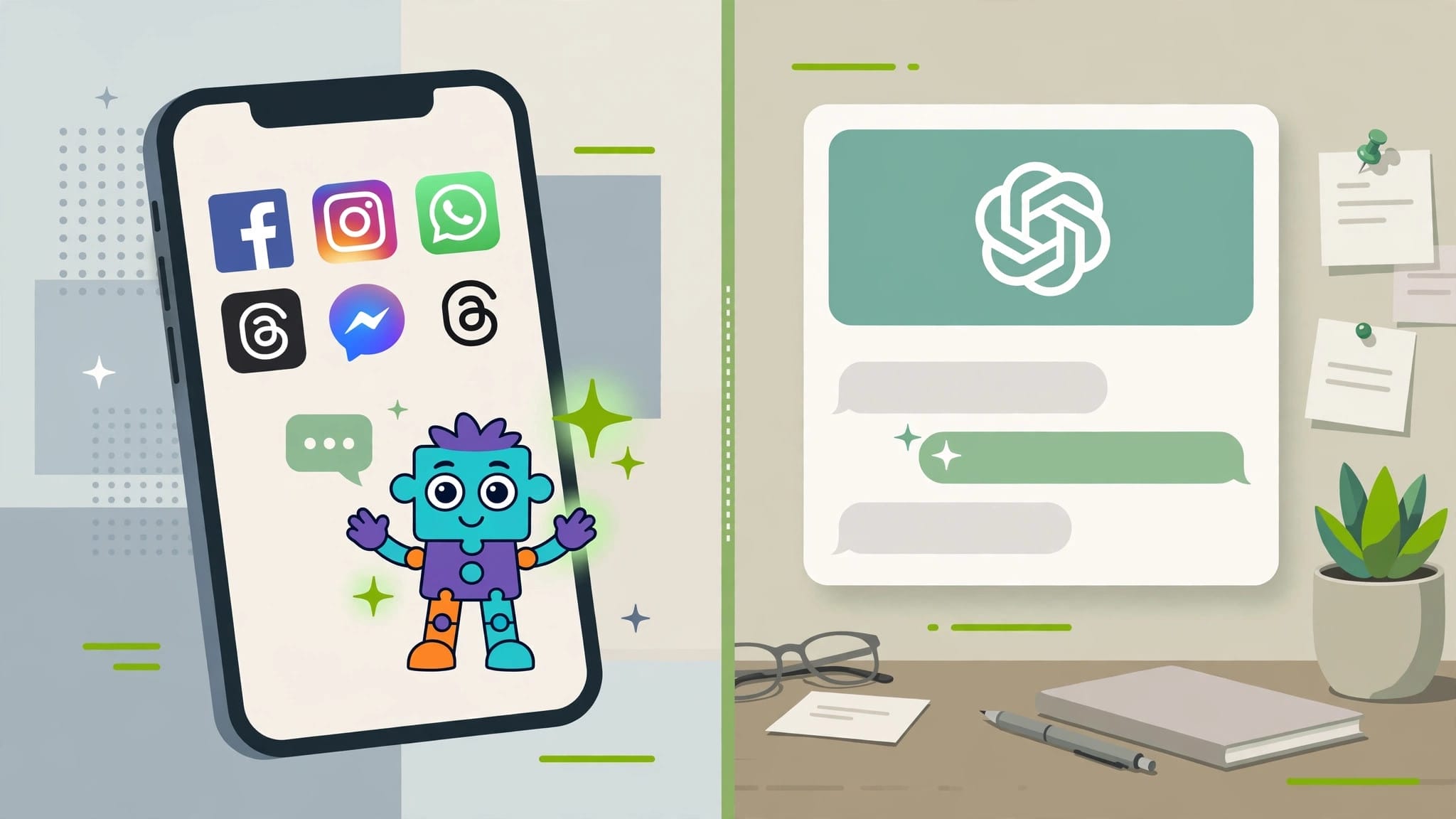Illustration of Meta AI inside social apps compared with the standalone ChatGPT app