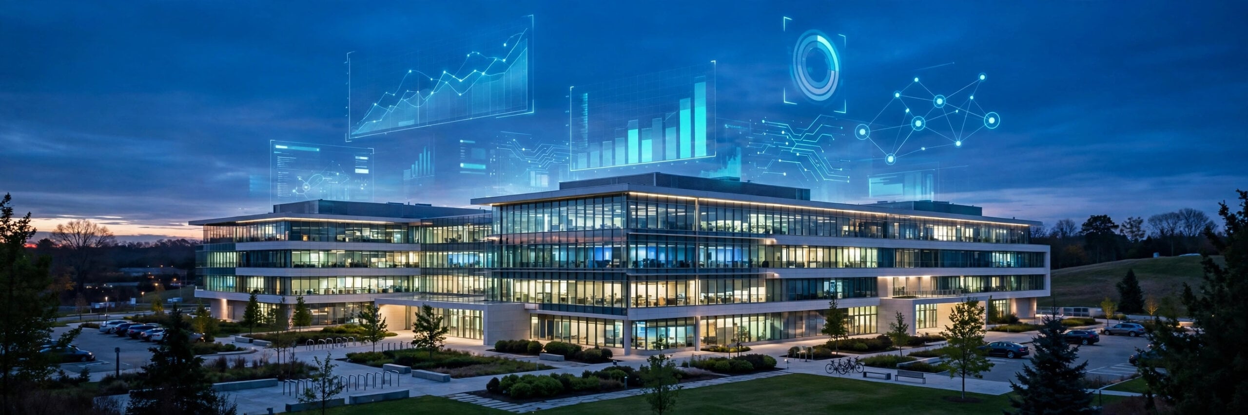 Illustration of Meta's acquisition of the AI analytics startup Sundial: a modern technology headquarters at dusk with floating data-analytics dashboards