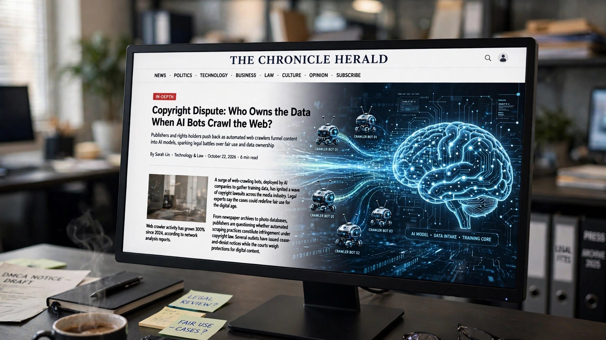 Newsroom website shown on a monitor with crawler bots feeding content into an AI model