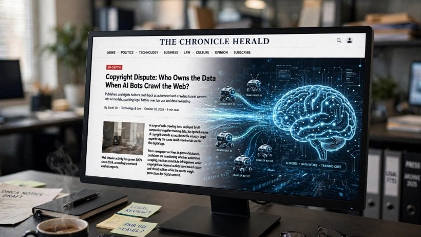Newsroom website shown on a monitor with crawler bots feeding content into an AI model