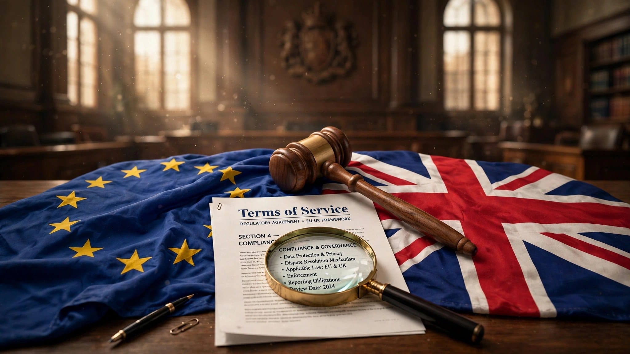 Gavel over EU and UK flags with a terms-of-service document for the complaint against Meta commercial terms