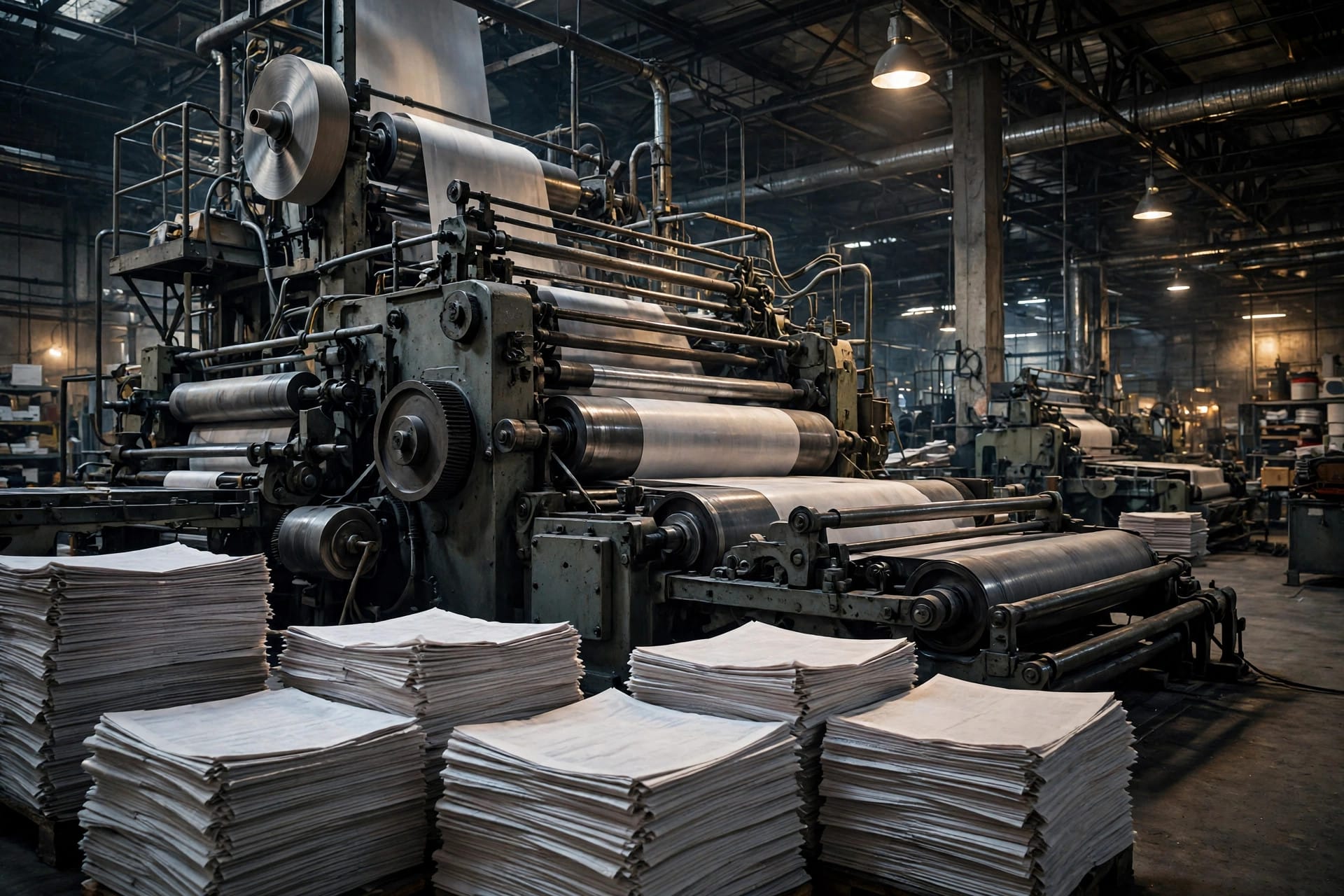 A newspaper printing press with stacked papers, illustrating the publisher backlash behind Meta's delayed business terms