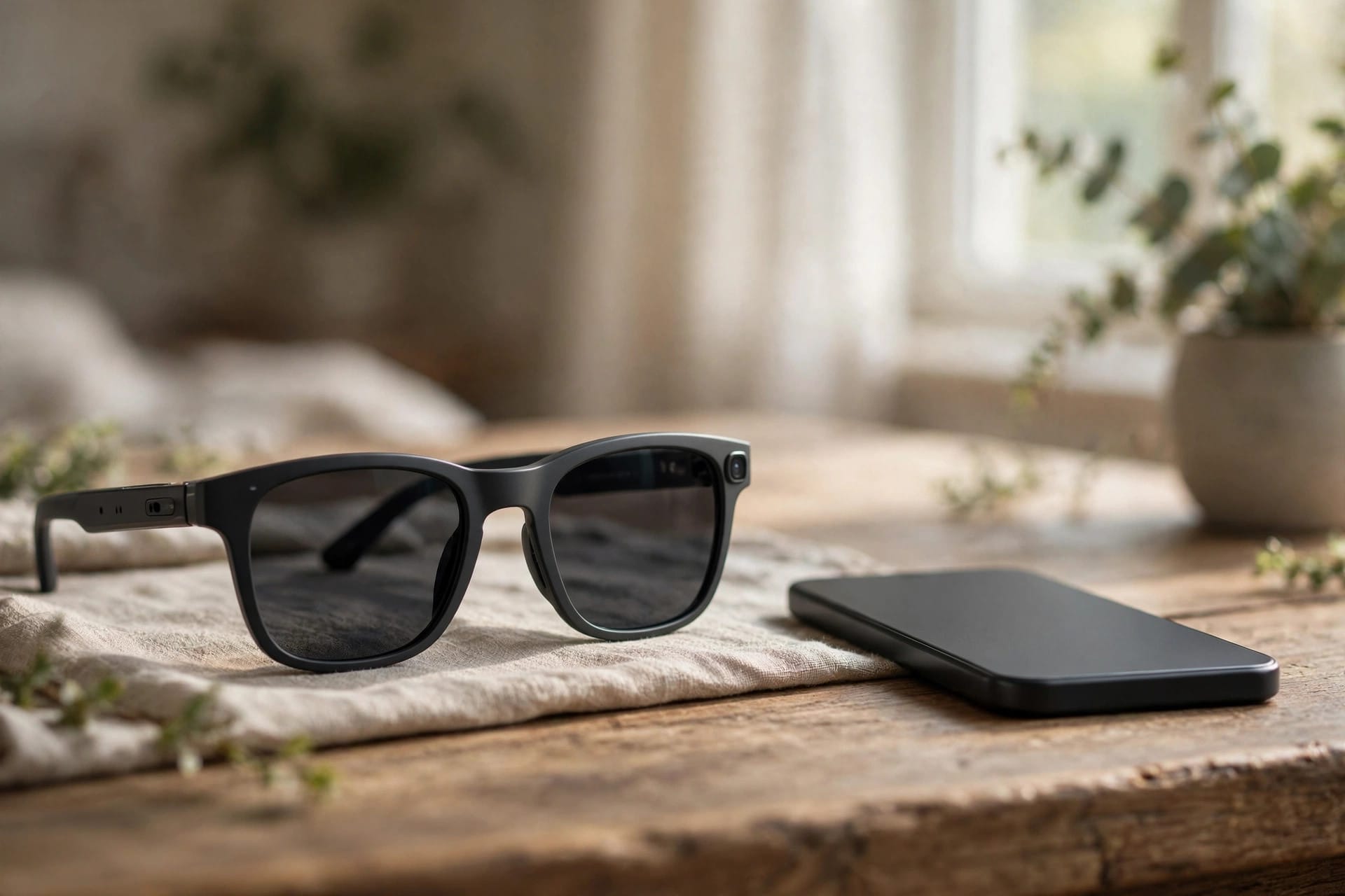 Smart glasses on a table beside a smartphone