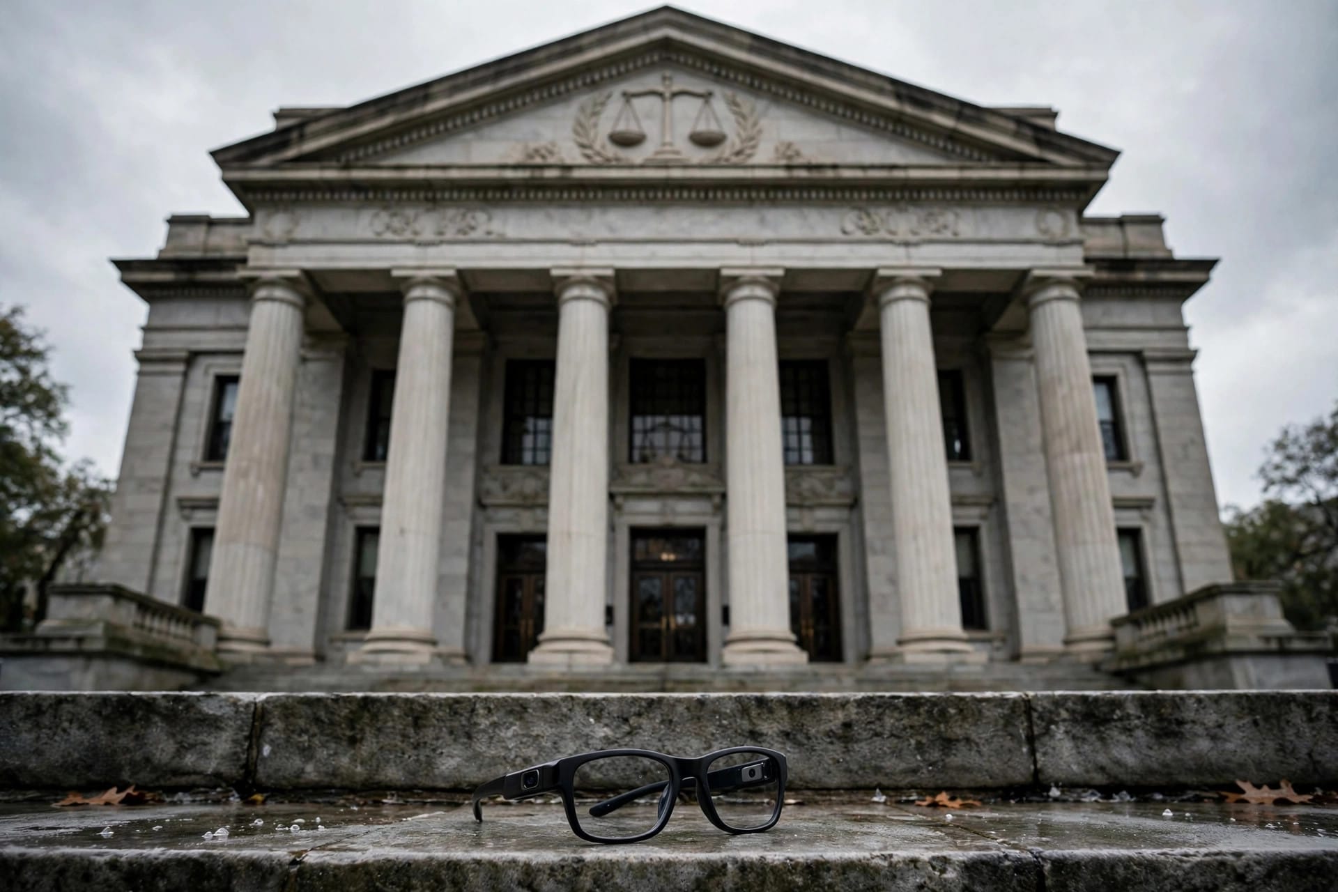 Smart glasses resting on the steps of a federal courthouse, illustrating the California class action filed against Meta over glasses recordings