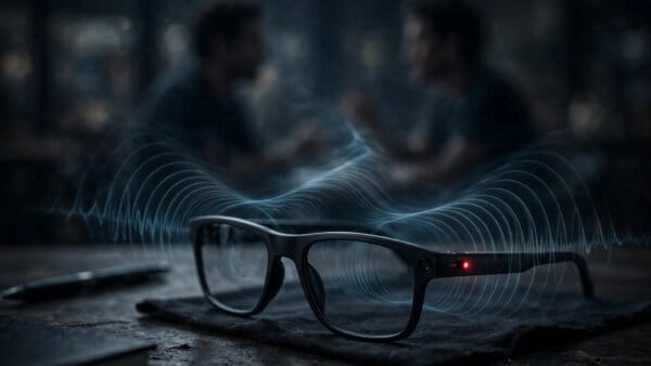 Meta AI glasses with a glowing recording indicator light beside two people talking, illustrating the alleged recording without the wake phrase