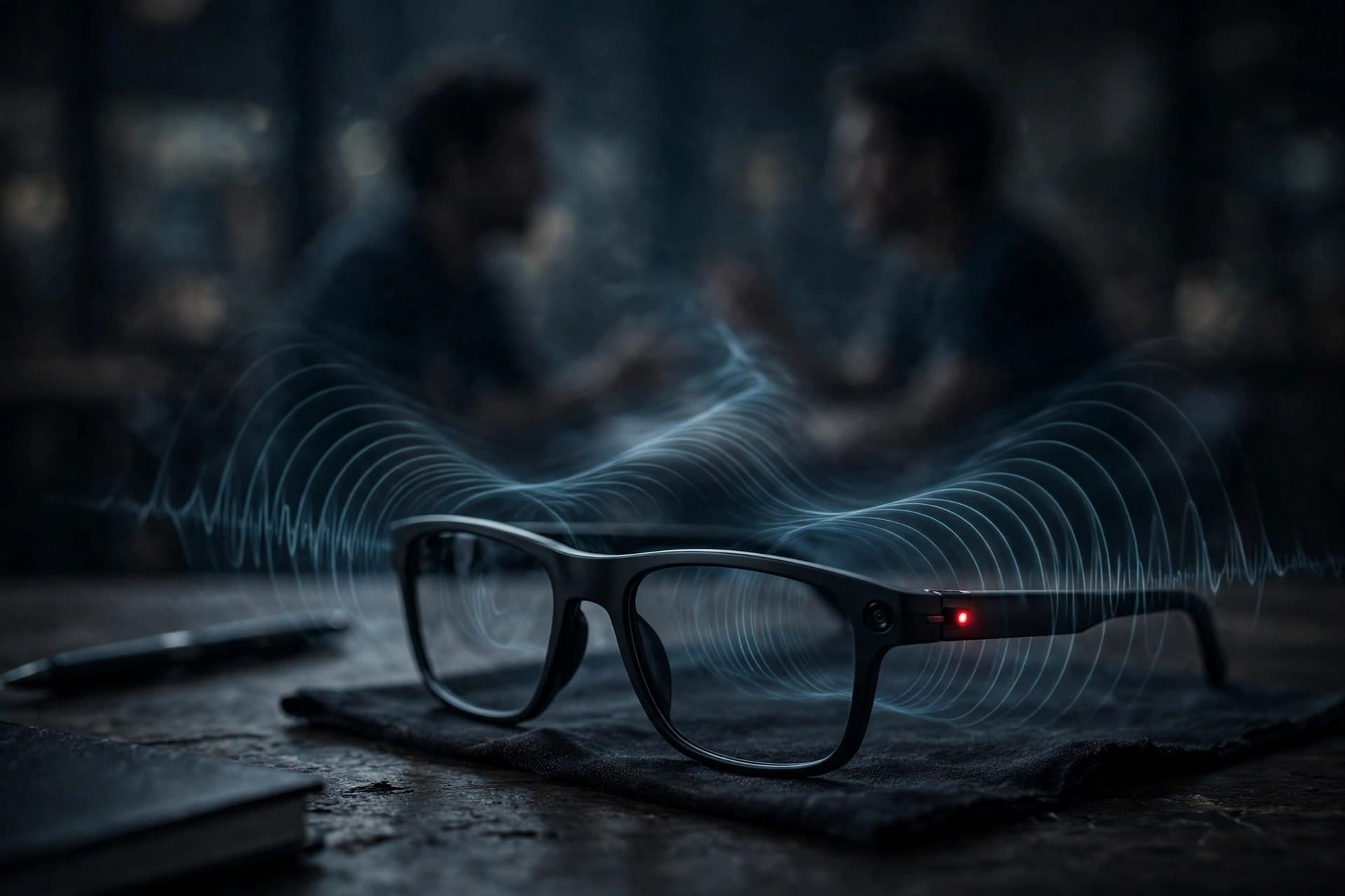 Meta AI glasses with a glowing recording indicator light beside two people talking, illustrating the alleged recording without the wake phrase