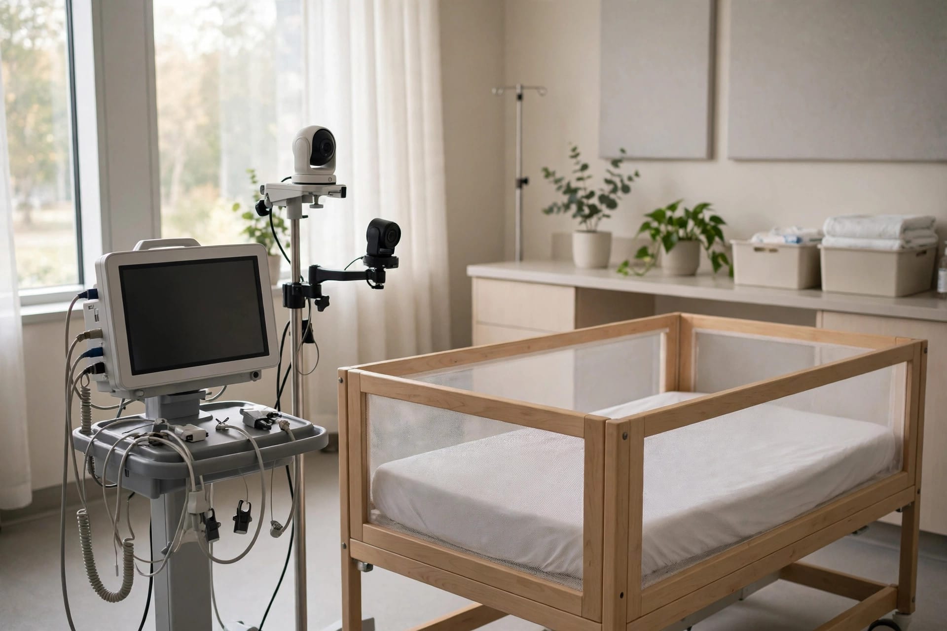 A calm hospital research room with bedside monitoring equipment beside an infant cot