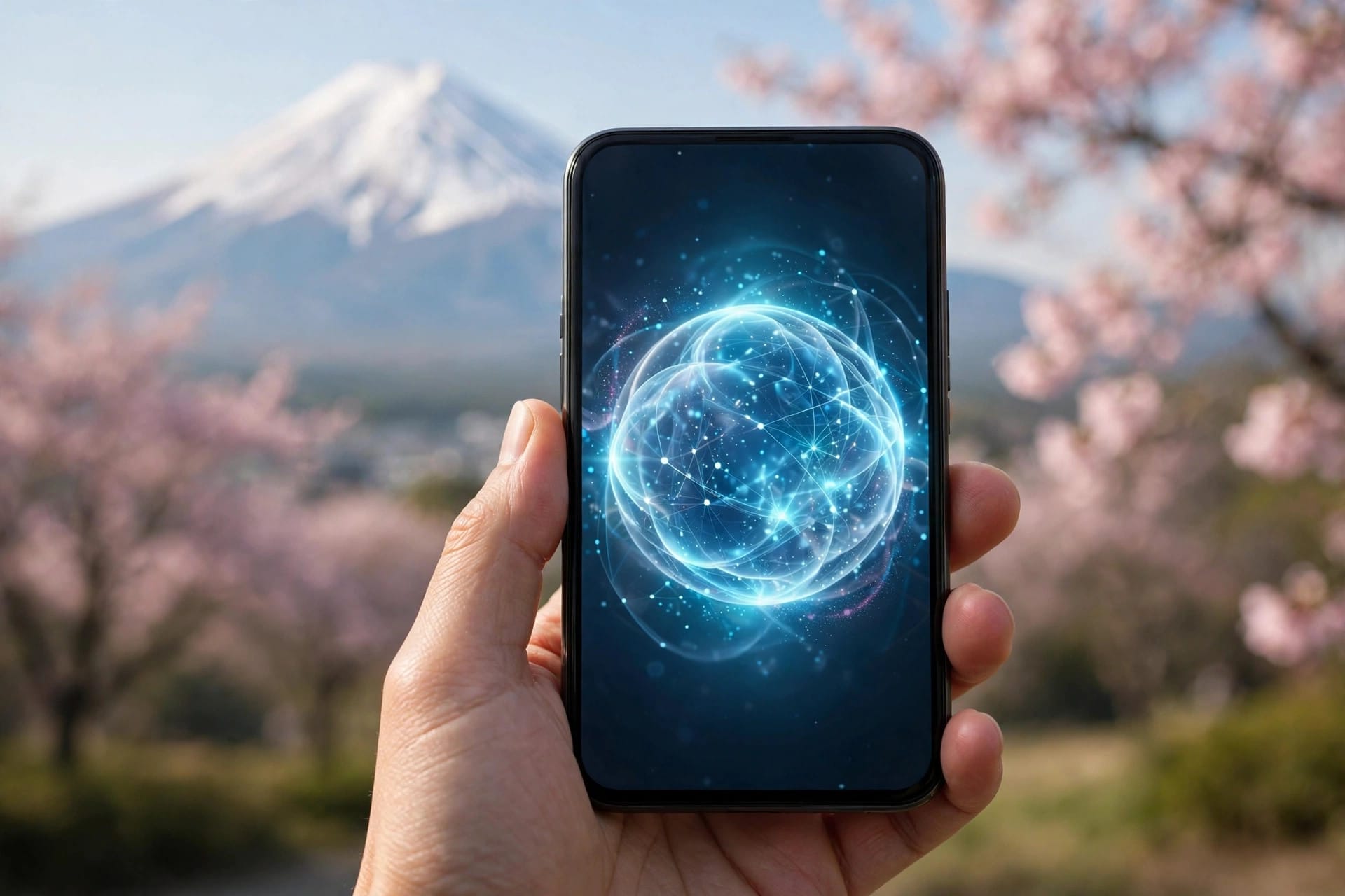 Hand holding a phone running Meta Muse personal AI agent, with cherry blossoms and Mount Fuji