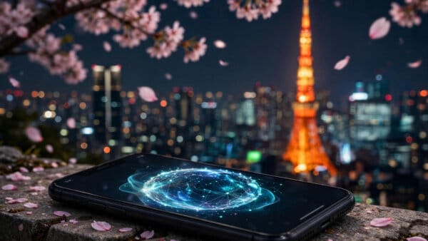 Tokyo skyline with a smartphone showing Meta Muse AI agent interface