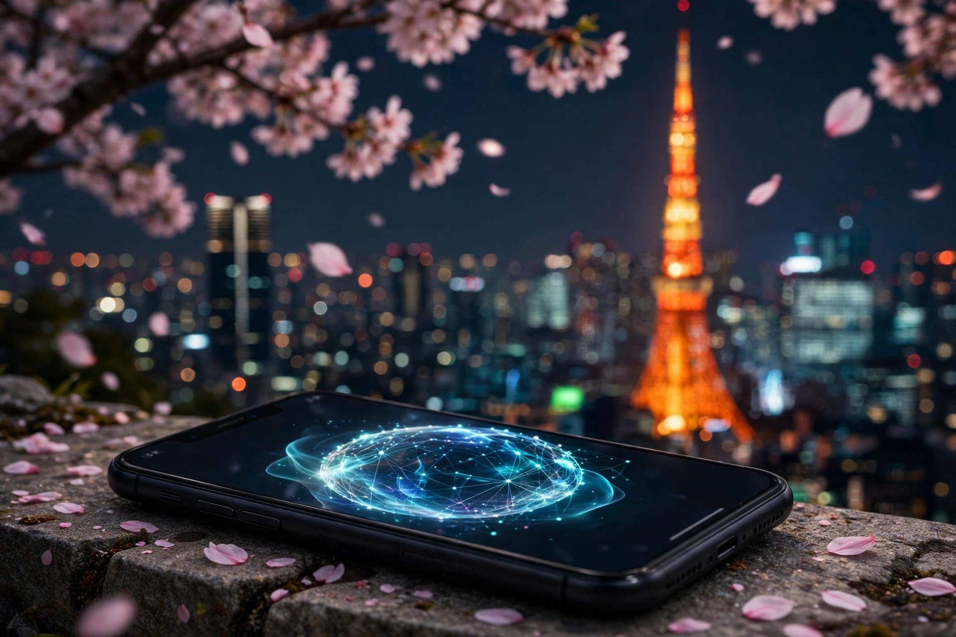 Tokyo skyline with a smartphone showing Meta Muse AI agent interface