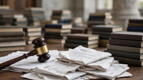 Courthouse gavel and legal papers in the Meta shadow-library copyright case over AI training books