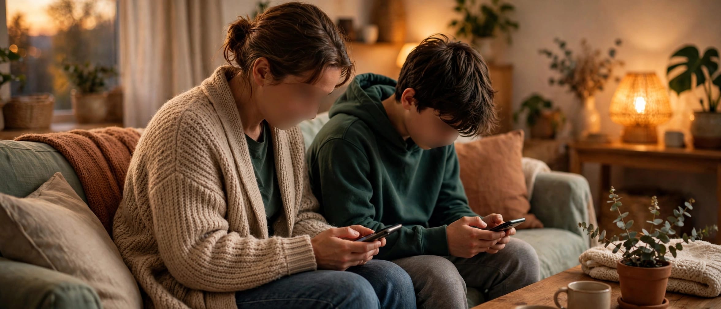 Parent and teenager sitting side by side on a sofa, each looking at a phone with a blurred blank screen