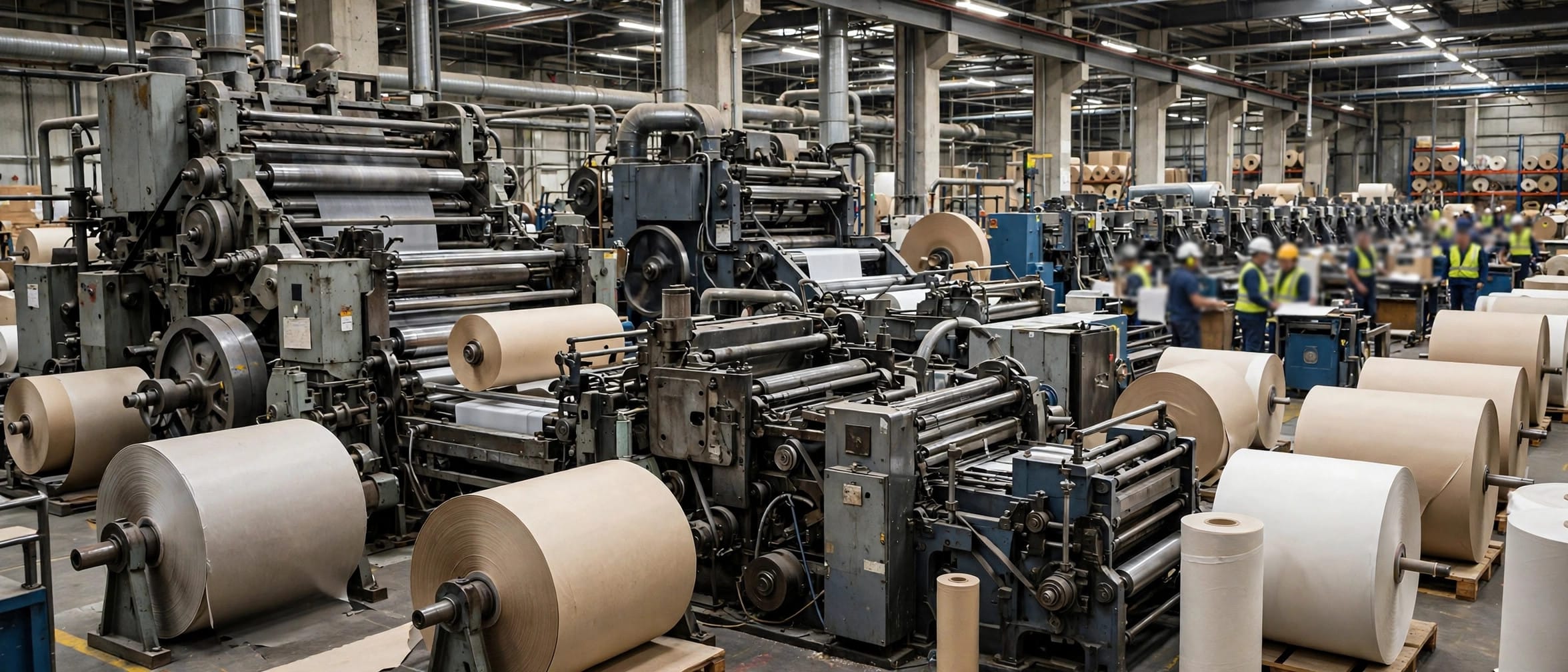 Newspaper printing press hall with large printing machinery