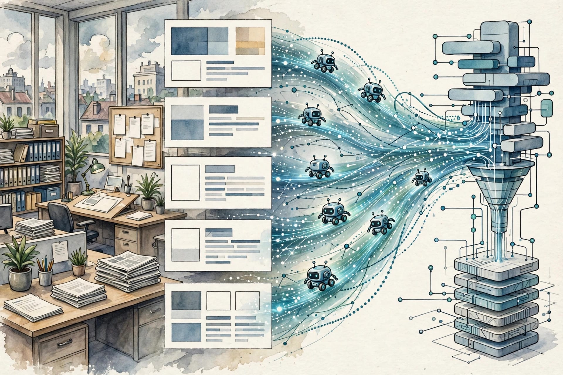 Publisher newsroom website being crawled by automated bots, shown as data streams