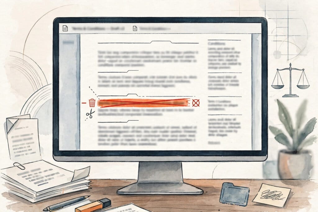 Meta commercial terms document with a highlighted clause being deleted on screen