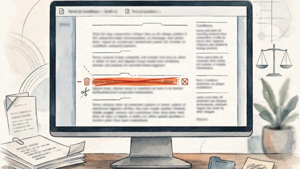 Meta commercial terms document with a highlighted clause being deleted on screen