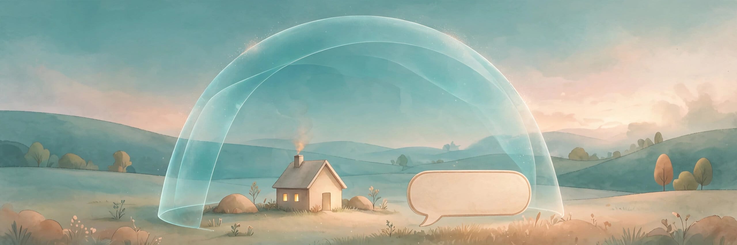 Translucent protective shield over a small house beside a blank chat bubble in a calm landscape