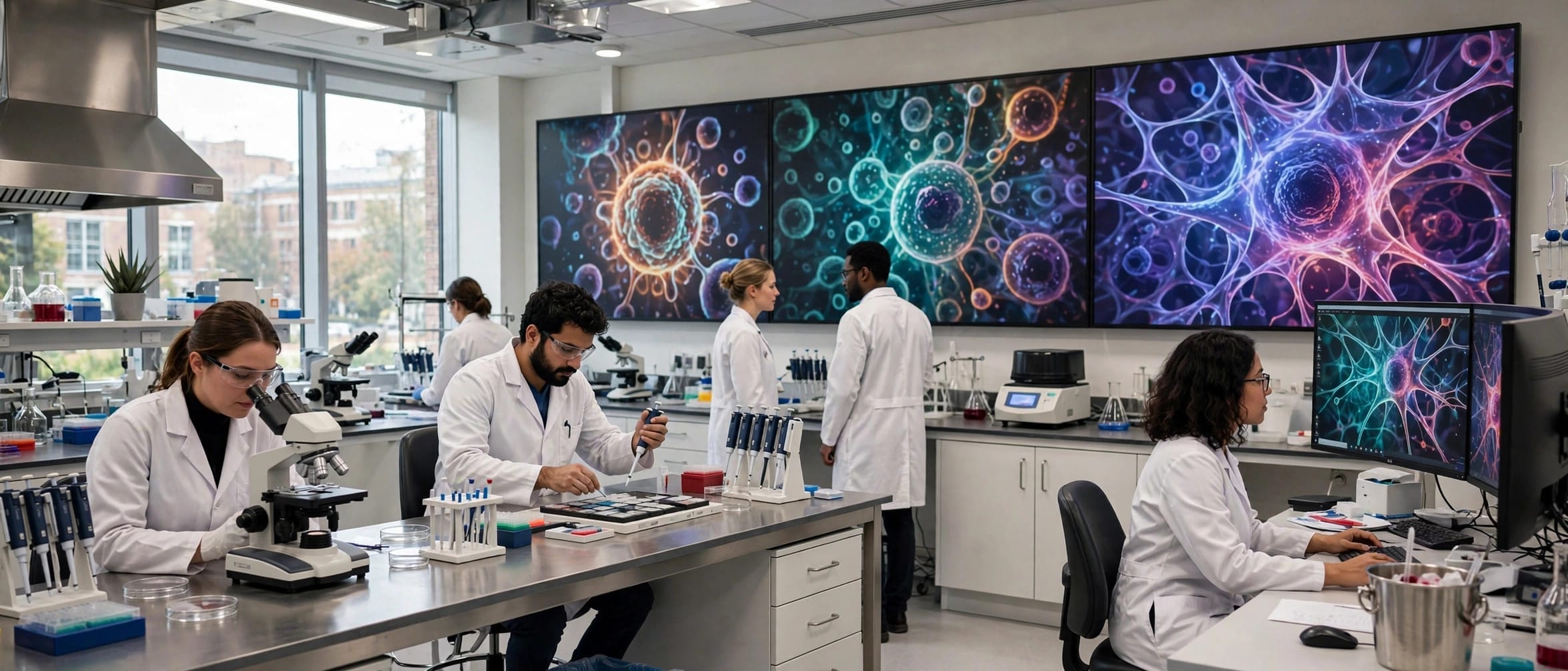 Researchers in white coats working in a bright university medical laboratory