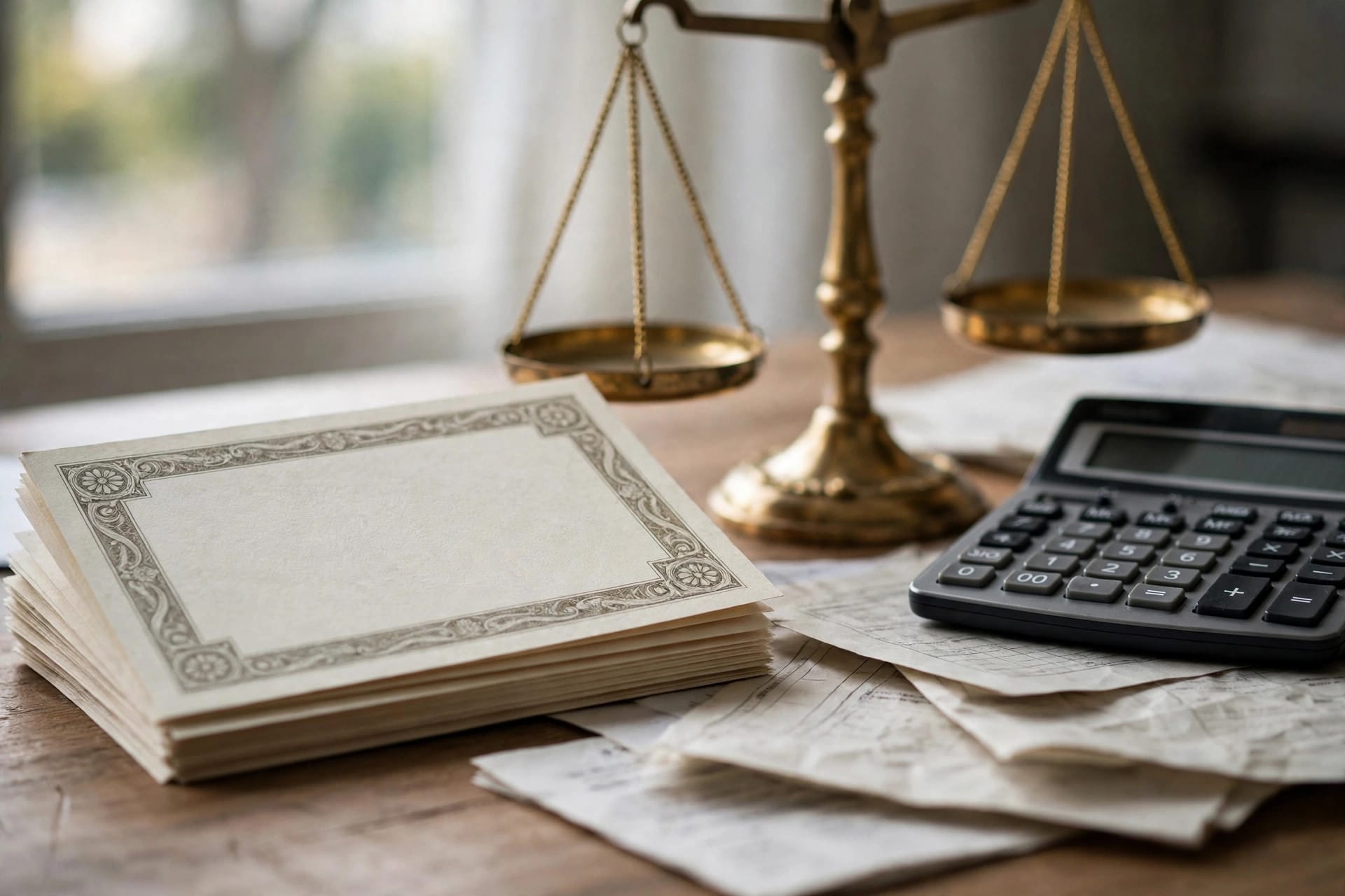 Paper share certificates and a brass balance scale on a desk beside a calculator and financial documents