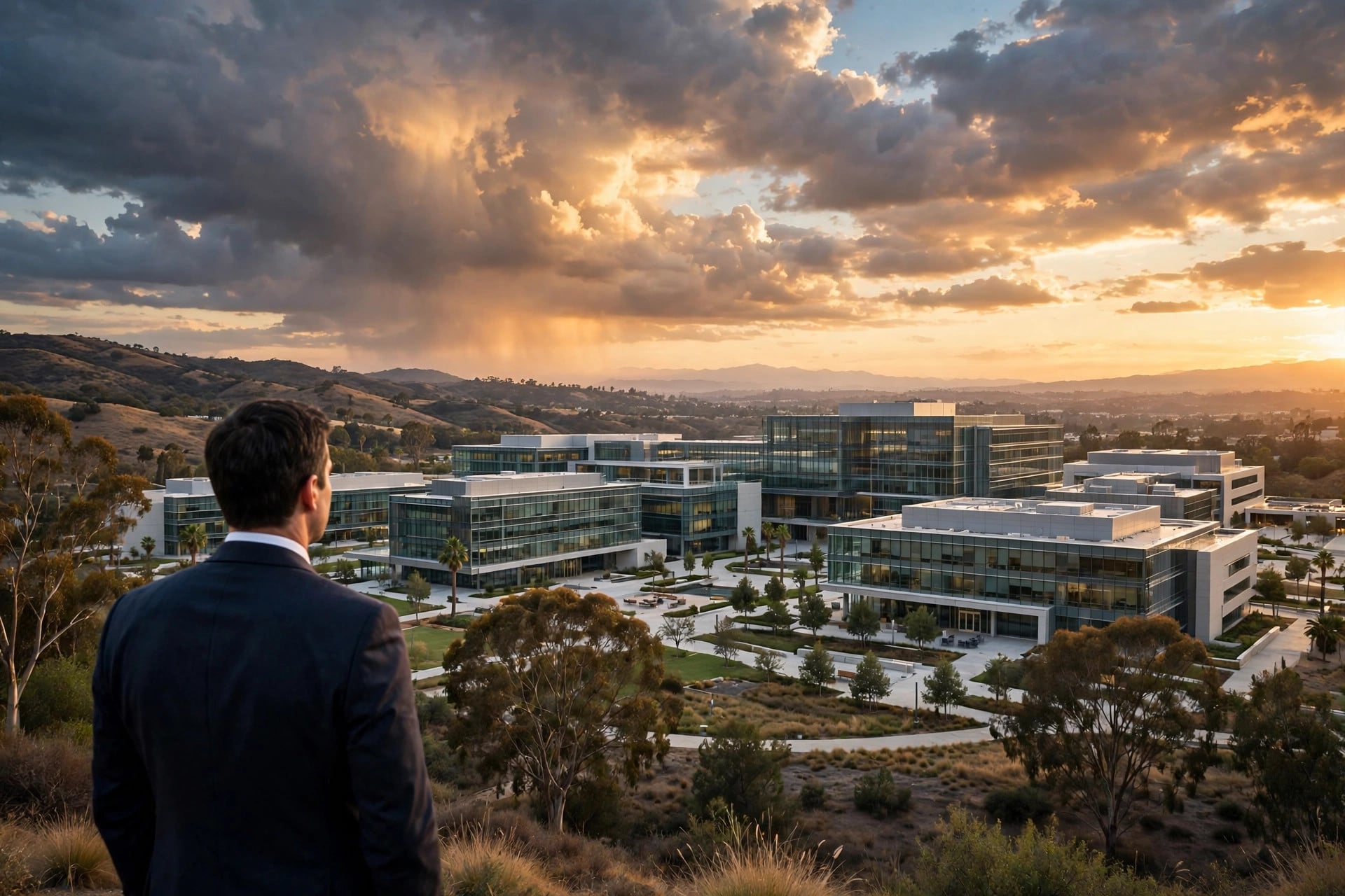 A businessman seen from behind looking toward a glass corporate headquarters campus in California at golden hour