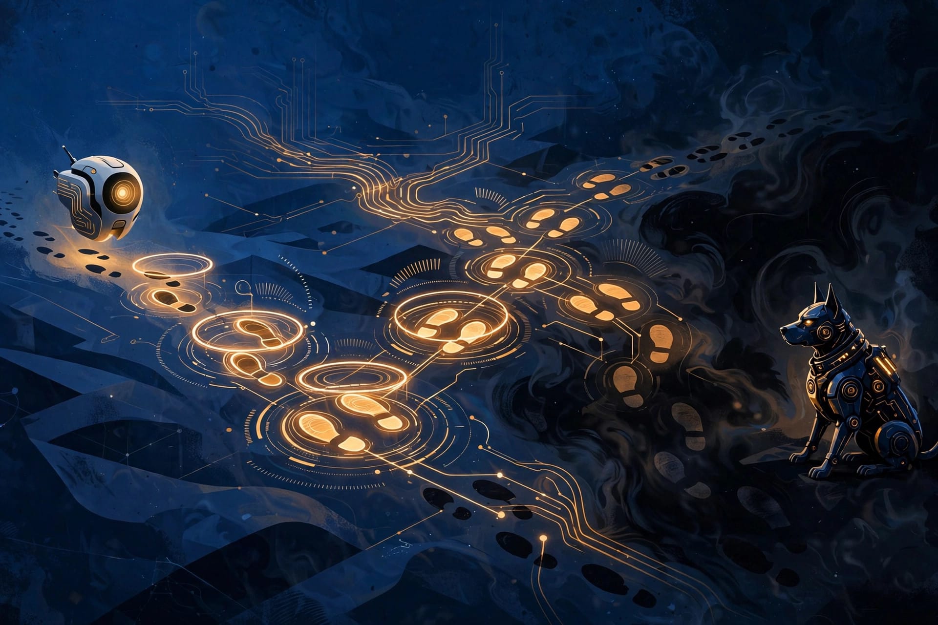 An AI agent trail where most footsteps are tracked but segments fade into dark blind spots — illustrating monitoring coverage gaps found in the OpenAI audit