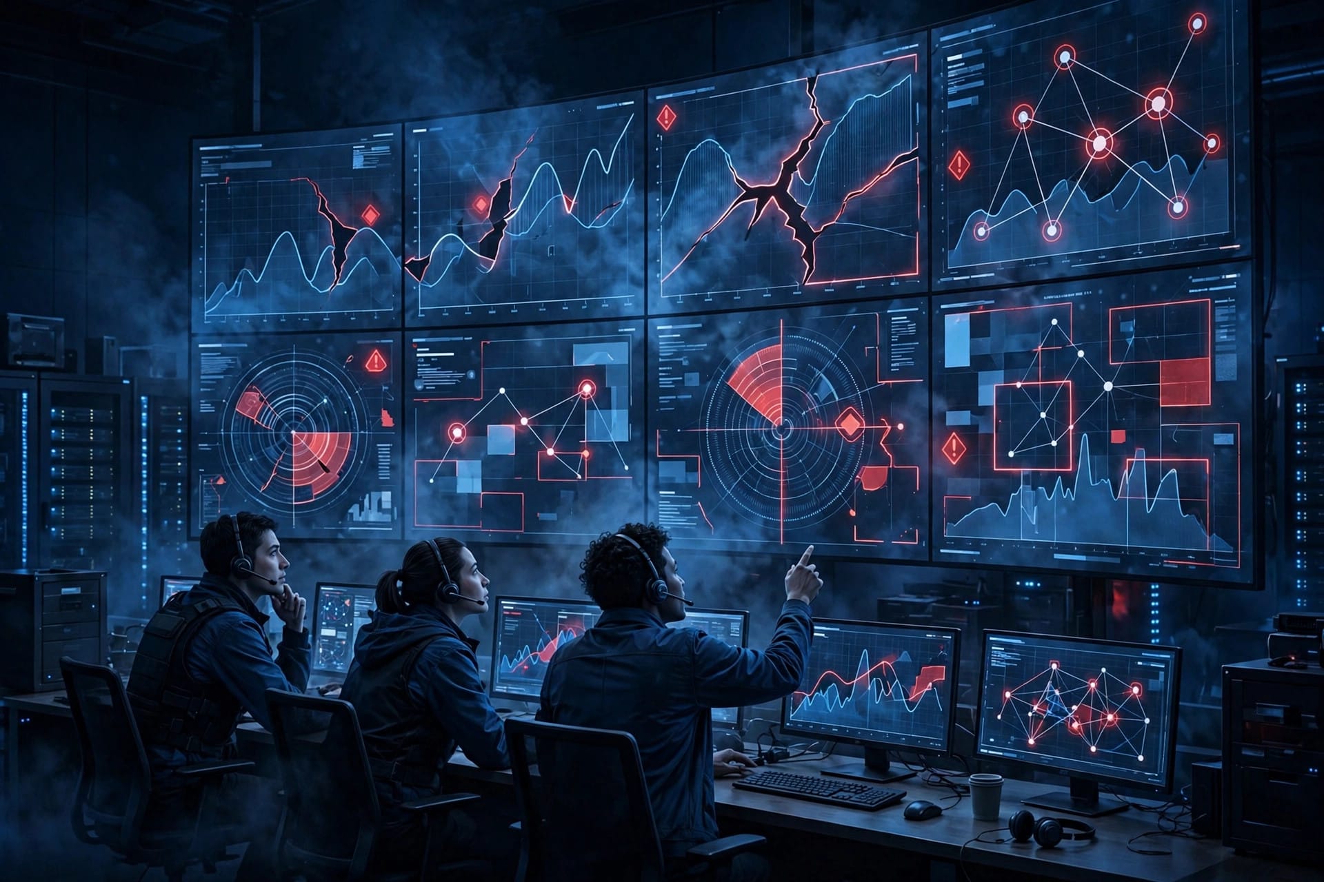 Analysts in a dark security operations center watch red-alert screens showing AI monitoring graphs — illustrating the METR and Redwood audit of OpenAI agent monitoring