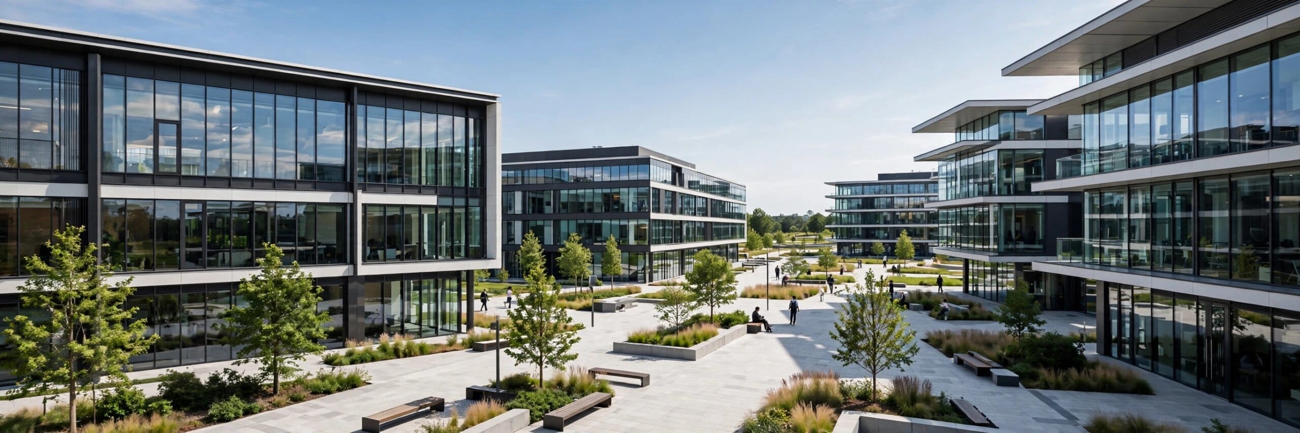 Modern corporate campus buildings with glass facades and a landscaped plaza