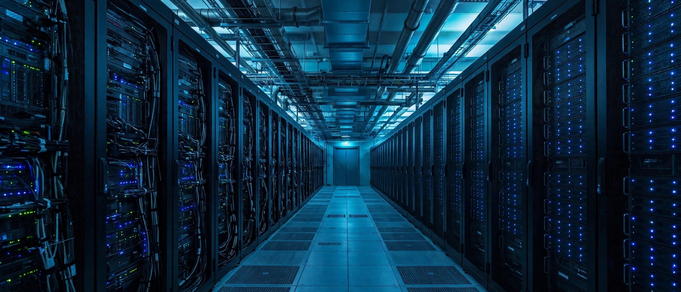 Data centre corridor with rows of server racks