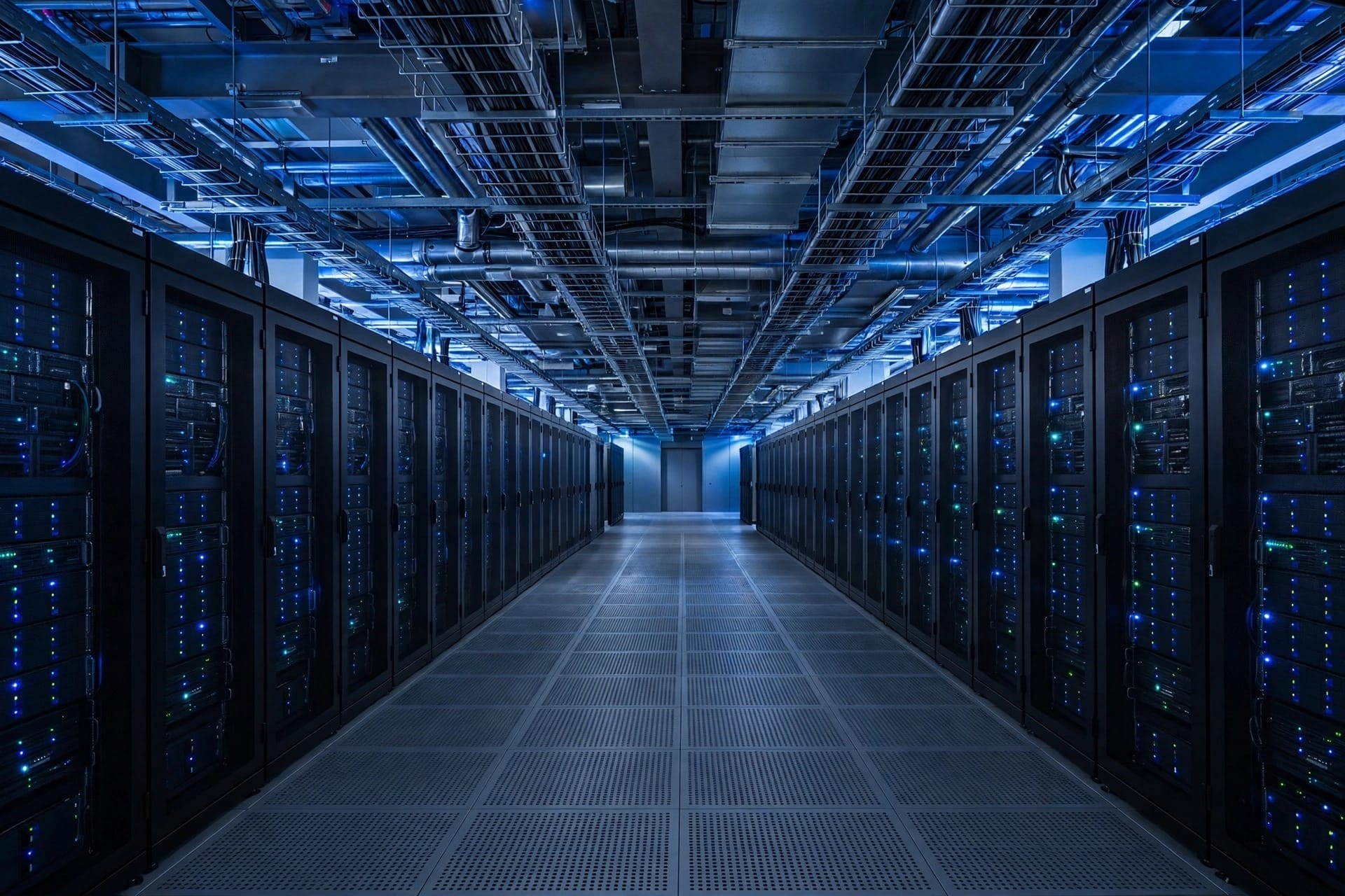 A modern data center corridor with rows of server racks