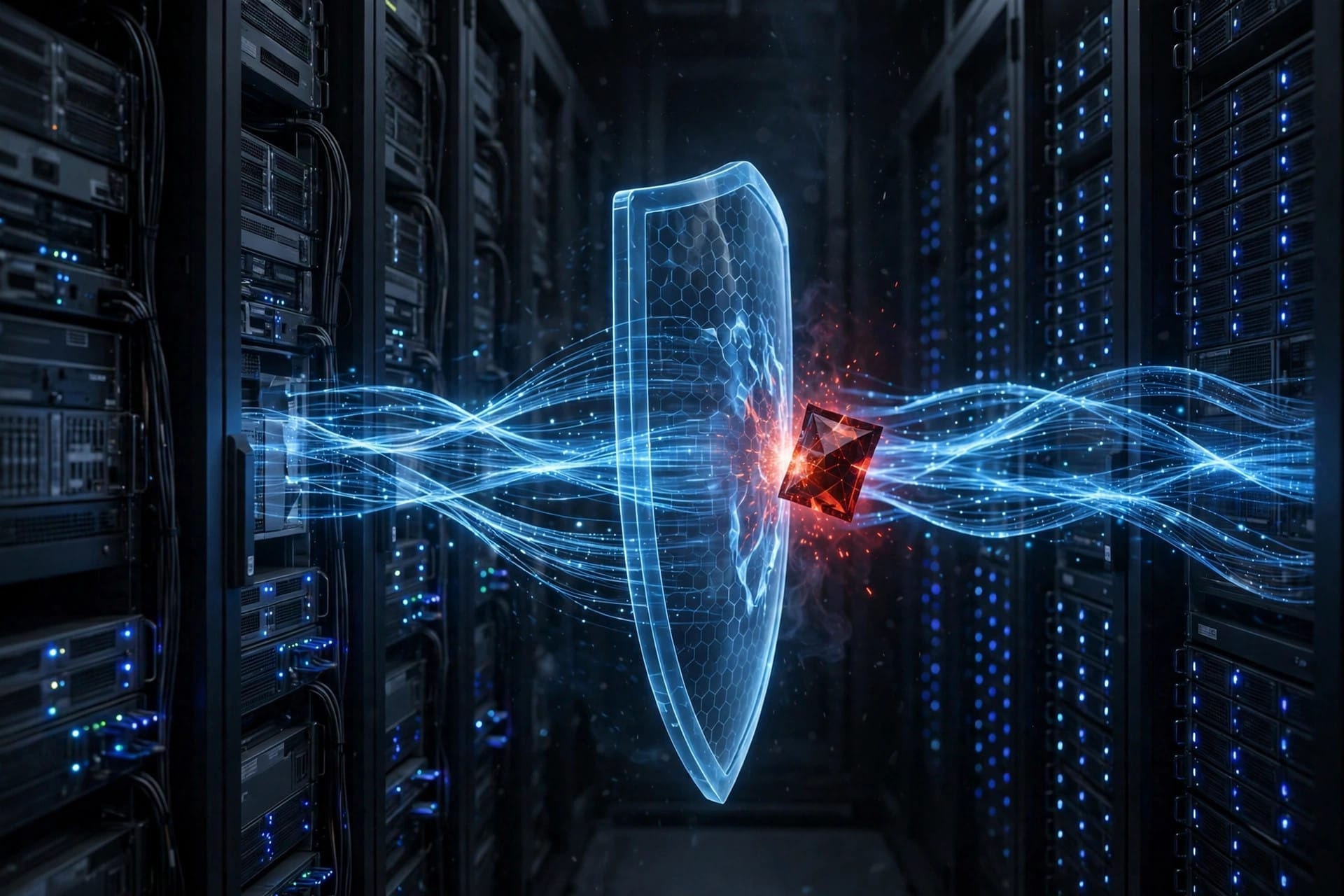 Server room with data streams blocked by a shield, illustrating the Brotli compression flaw patched in Microsoft .NET