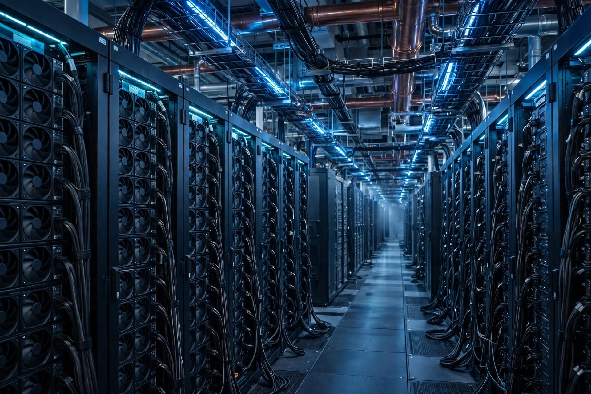 Rows of GPU server hardware with cooling lights