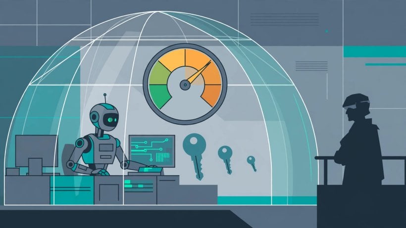 An enterprise AI agent inside a containment boundary as its Dynamic Agent Risk score rises and permissions shrink in Project Perception