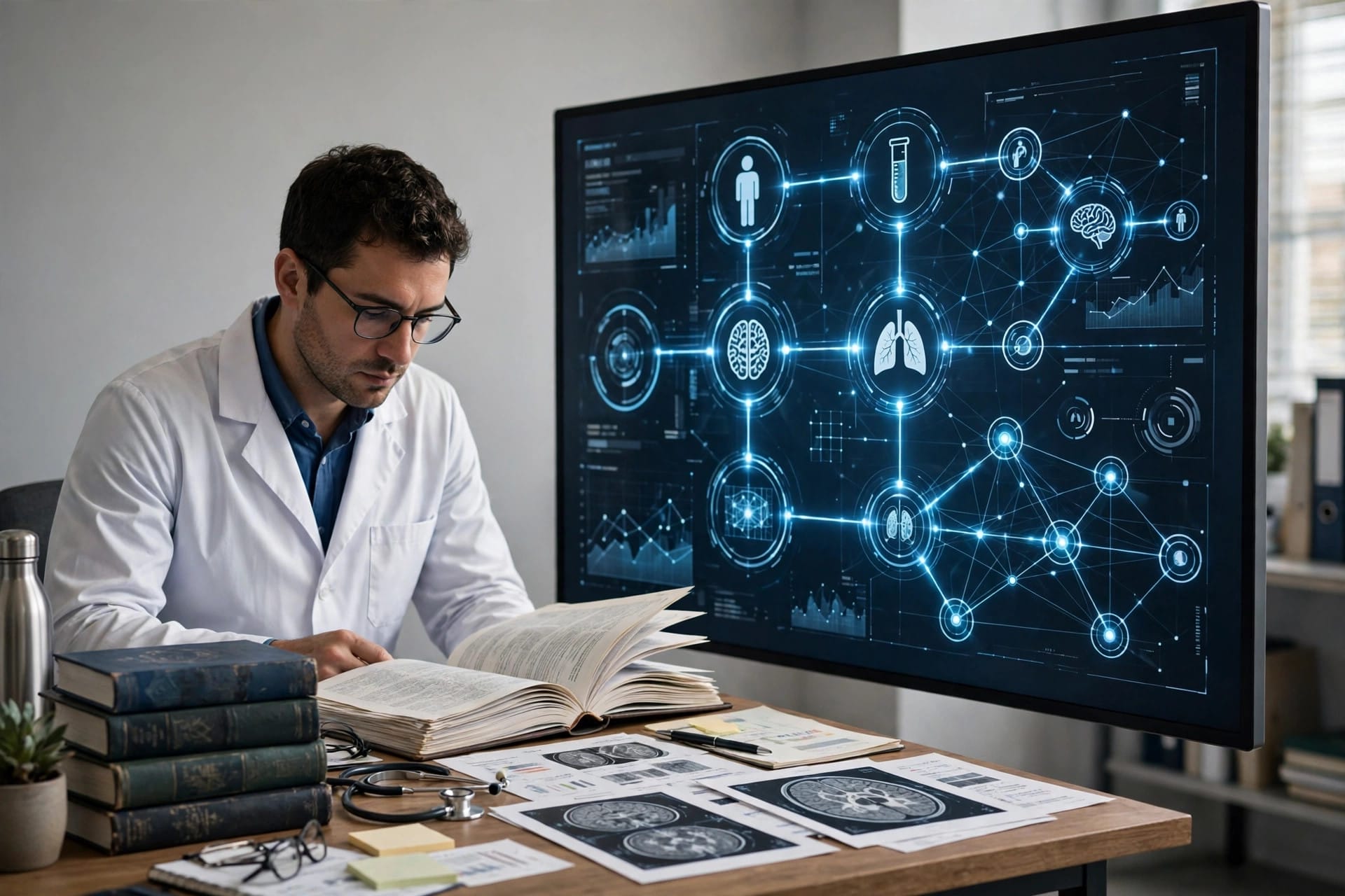 A doctor studying a complex case file alone beside a screen tracing MAI-DxO step-by-step diagnostic test path